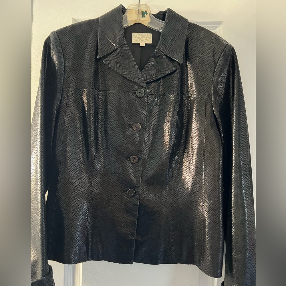 Cache Leather Animal Snake print Waxed Button up Cropped Black Jacket size 12